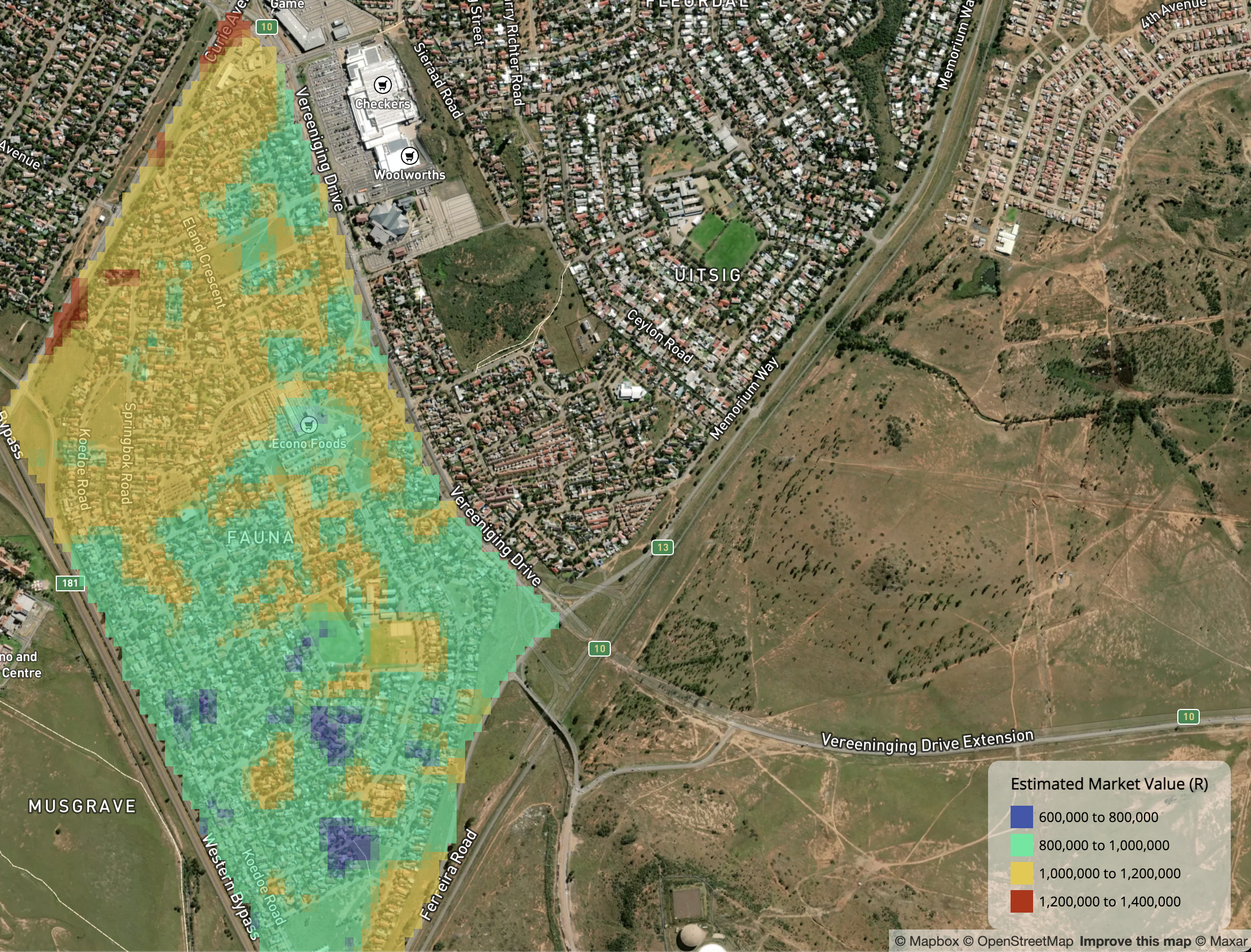 The image contains a satelite view of Fauna, Bloemfontein .